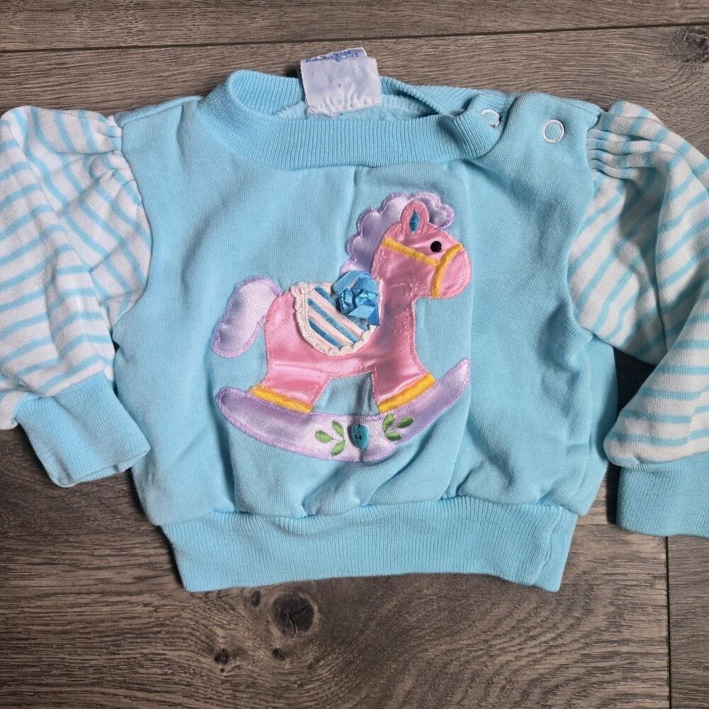 Vintage Joggles 80s Rocking Horse Sweatshirt 0-3M Blue Striped Applique Pastel